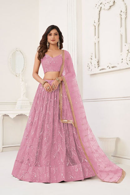 Pink Color Butterfly Net Fabric Designer Sequins Embroidered Ceremonial Lehenga Choli