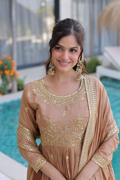 Chiku Color Super Silk Fabric Beautiful Ceremonial Suit With Dupatta