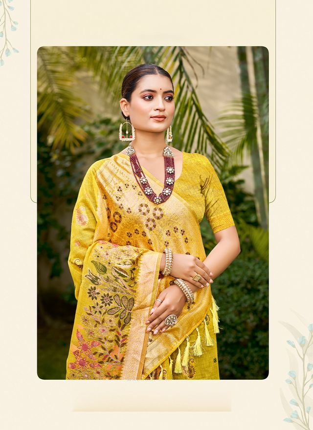 Yellow Color Cotton Silk Fabric Woven Meenakari Designer Saree