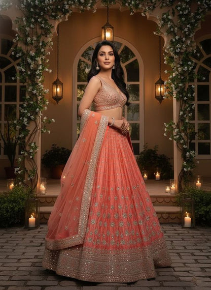 Embroidered Lehenga Set with Dupatta HKV-0070 ORANGE