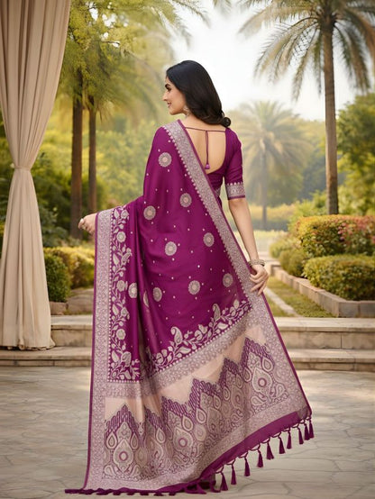 Wine Color Ethnic Crepe Silk Fabric Woven Jacquard Designer Ceremonial Saree