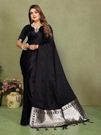 Black Color Satin Silk Fabric Ethnic Woven Lagdi Pallu Designer Saree