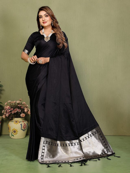 Black Color Satin Silk Fabric Ethnic Woven Lagdi Pallu Designer Saree