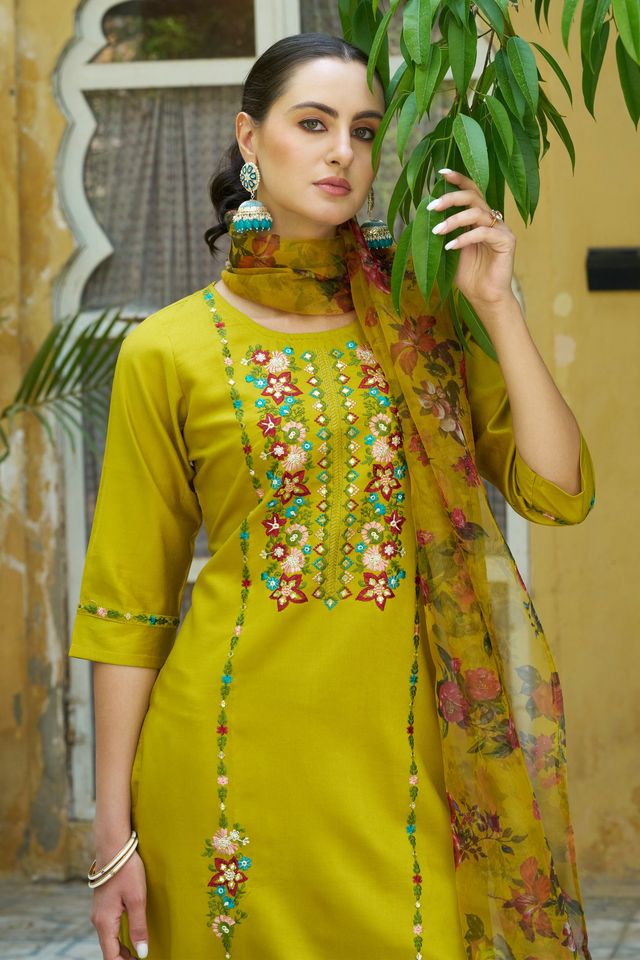Lemon Color Viscose Rayon Fabric Smart Embroidered Girlie Trendy Salwar Suit