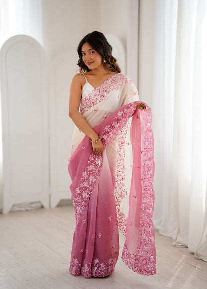 Pink Color Crunchy Fabric Beautiful Sequins Work Bollywood Style Ceremonial Saree