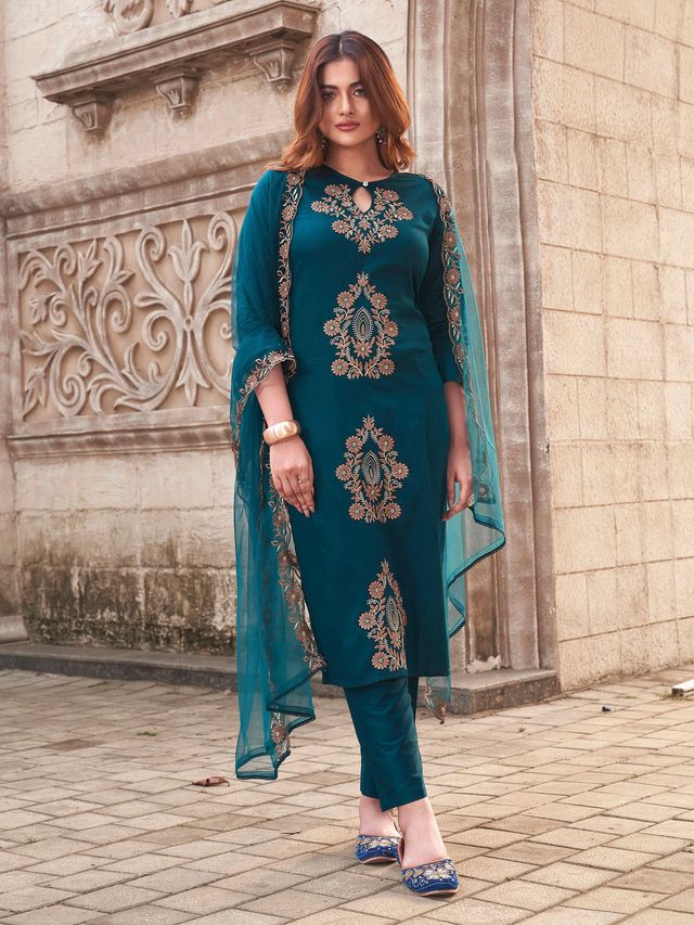 Rama Color Rayon Slub Fabric Beautiful Festive Wear Salwar Kameez