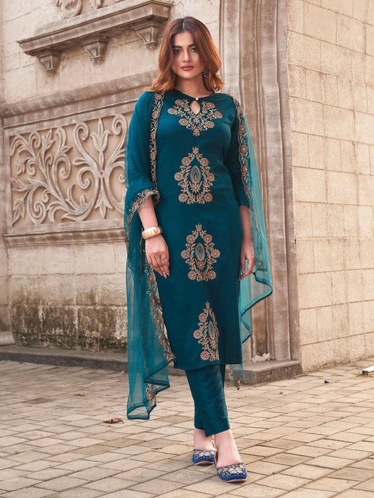 Rama Color Rayon Slub Fabric Beautiful Festive Wear Salwar Kameez