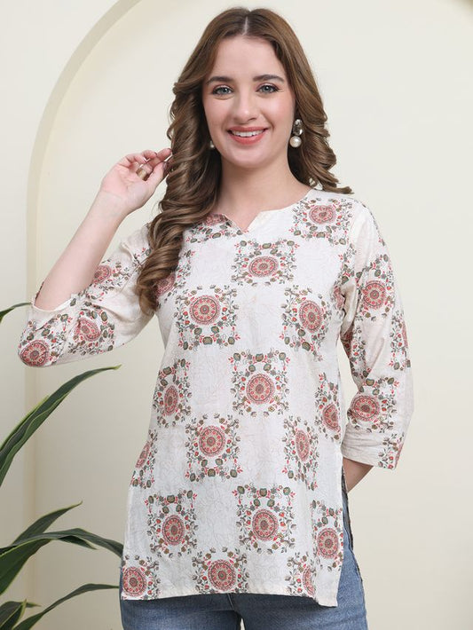 Red Color Cambric Cotton Fabric Designer Printed Formal Short Kurta 4245