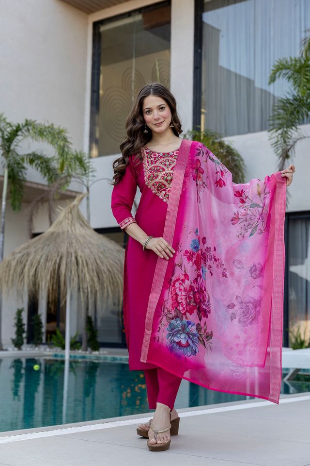 Magenta Color Beautiful P V Chanderi Fabric Designer Ceremonial Readymade Suit