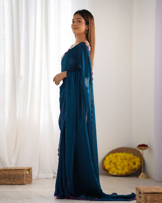 Rama Color Beautiful Bollywood Style Ceremonial Saree With Beeds Work Blouse