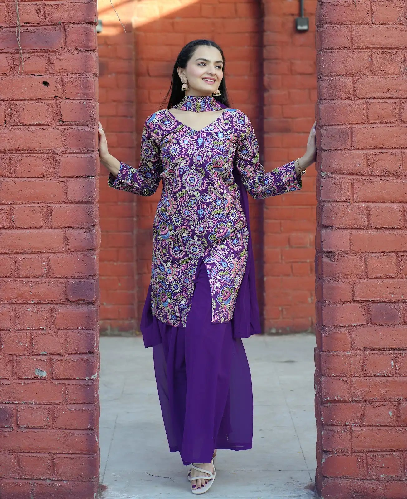 Women's Beautiful Thread Work Tapeta Silk Fabric Straight Kurta Sharara and Dupatta Set