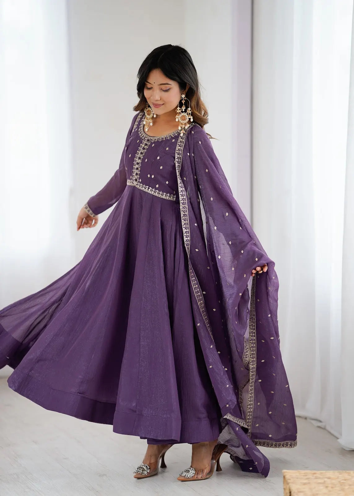 Women's Beautiful Embroidery Work Crunchy Silk Fabric Flared Anarkali Pant and Dupatta Set