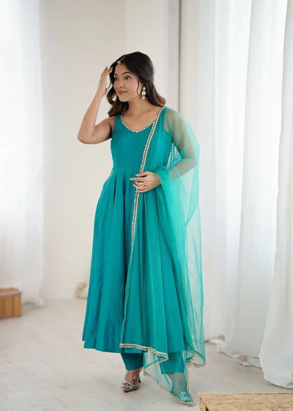 Women's Beautiful Roman Silk Chanderi Fabric Flared Anarkali Pant and Dupatta Set 285