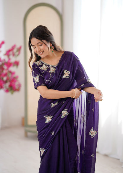 Purple Heavy Fendy satin With Butterfly Embroidered Beads Work saree With Unstitched Blouse