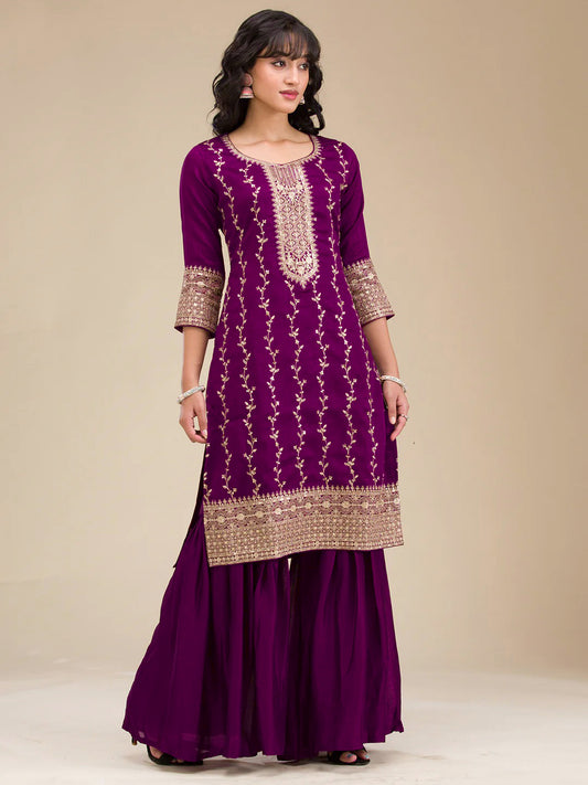Beautiful Embroidered Vichitra Silk Fabric Straight Kurta, Palazzo and Dupatta Set