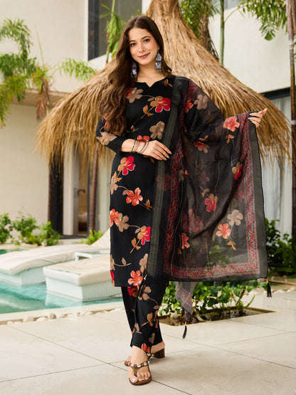Women's Gorgeous Printed Silk Blend Fabric Straight Kurta, Pant and Dupatta Set