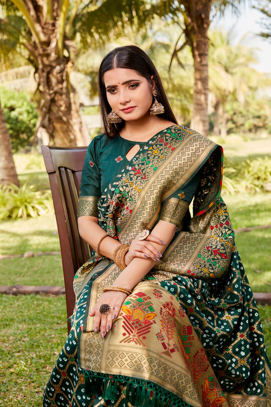 Green Woven Design Pure Gharchola Bhandhej Silk Saree With Blouse