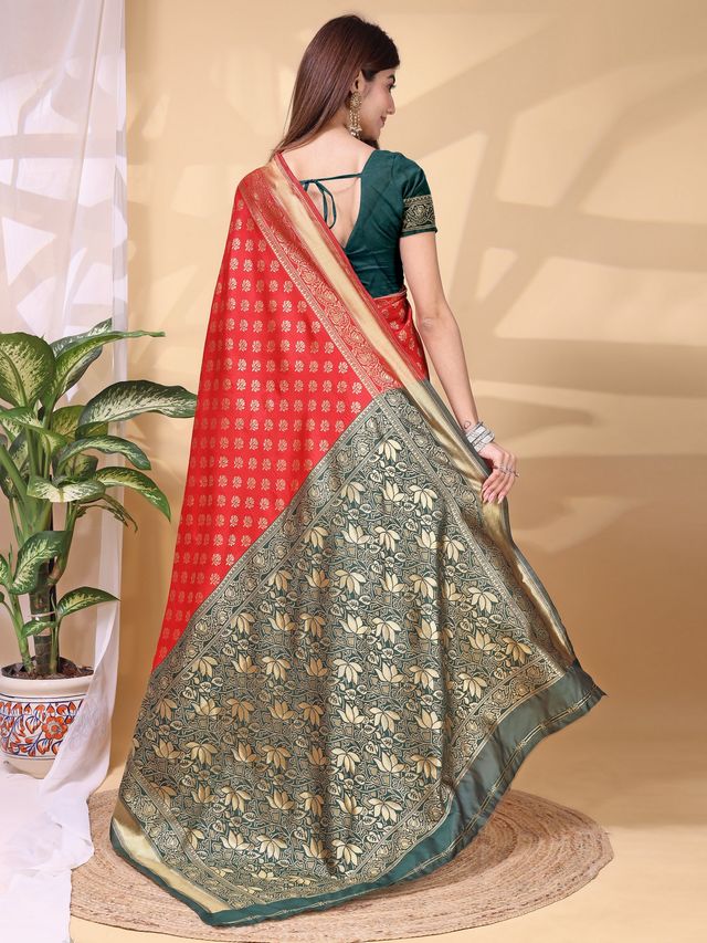 Red Color Lichi Silk Fabric Beautiful Woven Designer Saree