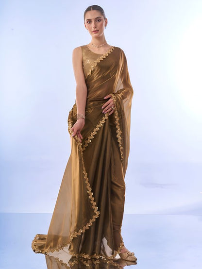 Gold Color Jimmy Choo Fabric Saree With Sequance Codding Lace Border Ethnic Girlie Saree
