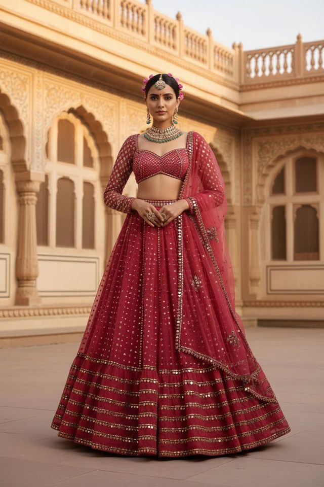 Embroidered Wedding Lehenga Set for Women HKV-003380 RED