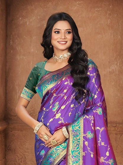 Purple Color Silk Fabric Woven Designer Ethnic Partywear Saree
