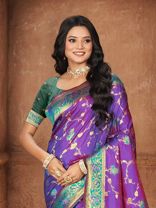Purple Color Silk Fabric Woven Designer Ethnic Partywear Saree