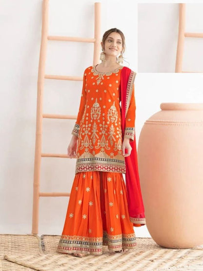 Orange Chinon Silk Semi Stitched Wedding Suits