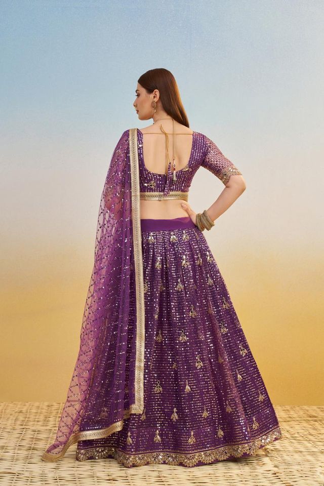 Dark Purple Heavy Embroidery Net Semi Stitch A Line Lehenga With Blouse