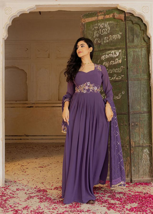Purple Color Georgette Fabric Designer Embroidered Partywear Gown For Girlie Looks
