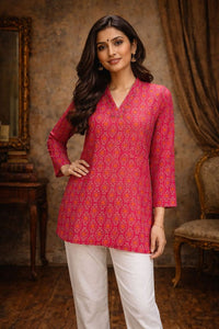 Pink Color Designer Digital Printed Muslin Fabric Foral Ethnic Kurta