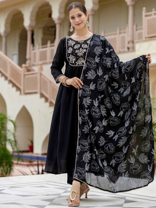 Women Beautiful Embroidery work Chinon Fabric with Flared Kurta, Pant and Dupatta Set
