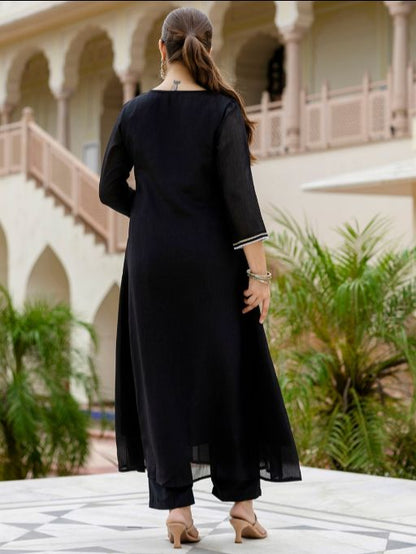 Women Beautiful Embroidery work Chinon Fabric with Flared Kurta, Pant and Dupatta Set