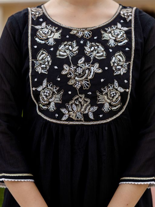Women Beautiful Embroidery work Chinon Fabric with Flared Kurta, Pant and Dupatta Set