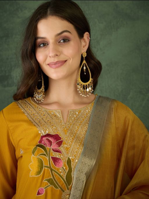 Women Beautiful Rayon Fabric Embroidery Work Straight Kurta, Pant and Dupatta Set
