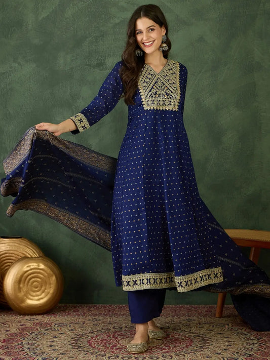 Women's Gorgeous Embroidery Work Vichitra Silk Fabric Flared Kurta Pant and Dupatta Set