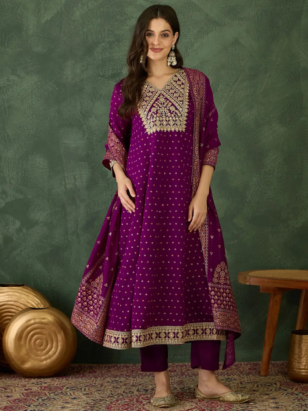 Women's Gorgeous Embroidery Work Vichitra Silk Fabric Flared Kurta Pant and Dupatta Set