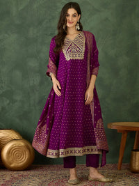 Women's Gorgeous Embroidery Work Vichitra Silk Fabric Flared Kurta Pant and Dupatta Set