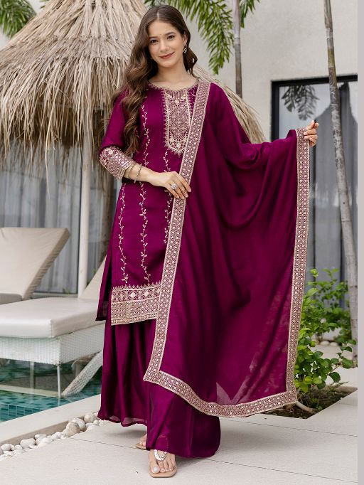Beautiful Embroidered Vichitra Silk Fabric Straight Kurta, Palazzo and Dupatta Set 806