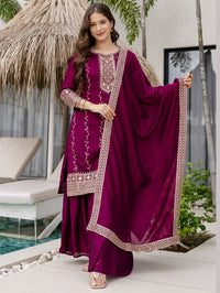 Beautiful Embroidered Vichitra Silk Fabric Straight Kurta, Palazzo and Dupatta Set 806