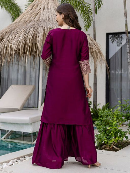 Beautiful Embroidered Vichitra Silk Fabric Straight Kurta, Palazzo and Dupatta Set 806