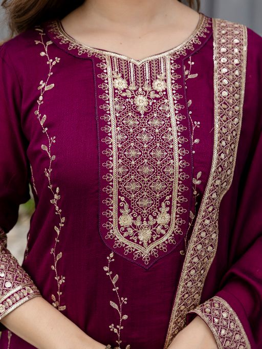 Beautiful Embroidered Vichitra Silk Fabric Straight Kurta, Palazzo and Dupatta Set 806