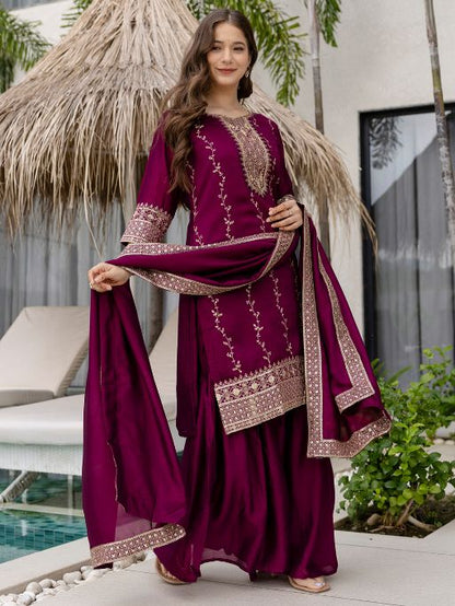 Beautiful Embroidered Vichitra Silk Fabric Straight Kurta, Palazzo and Dupatta Set 806
