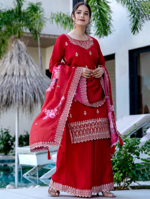 Women's Gorgeous Embroidery Vichitra Silk Fabric Straight Kurta, Sharara and Dupatta Set 807