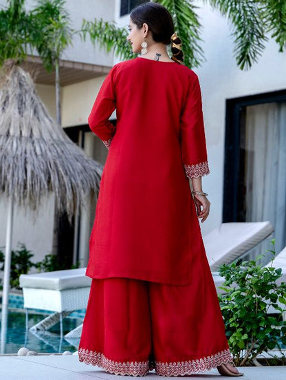 Women's Gorgeous Embroidery Vichitra Silk Fabric Straight Kurta, Sharara and Dupatta Set 807