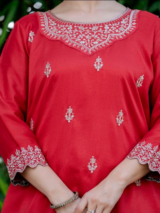 Women's Gorgeous Embroidery Vichitra Silk Fabric Straight Kurta, Sharara and Dupatta Set 807