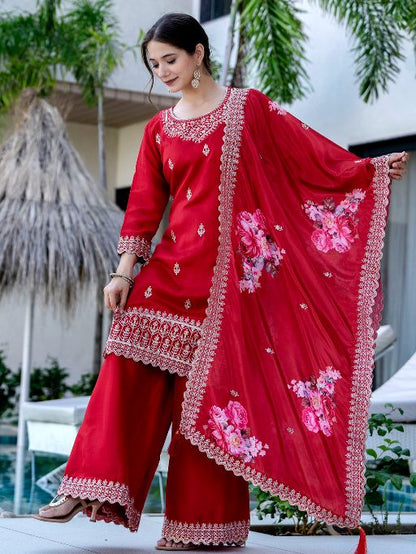 Women's Gorgeous Embroidery Vichitra Silk Fabric Straight Kurta, Sharara and Dupatta Set 807