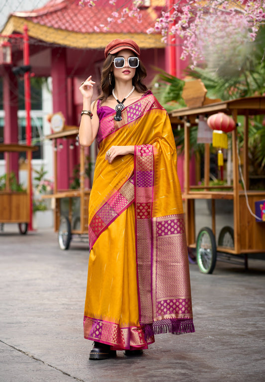Mustard Designer Weaving Pure Silk Saree With Blouse