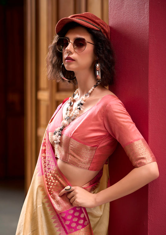 Cream Designer Weaving Pure Silk Saree With Blouse