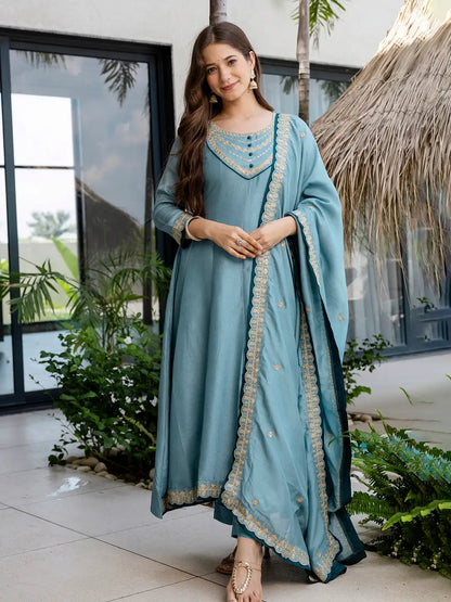 Women's Beautiful Vichitra Silk Fabric Embroidery Work Flared Anarkali Pant and Dupatta Set 815