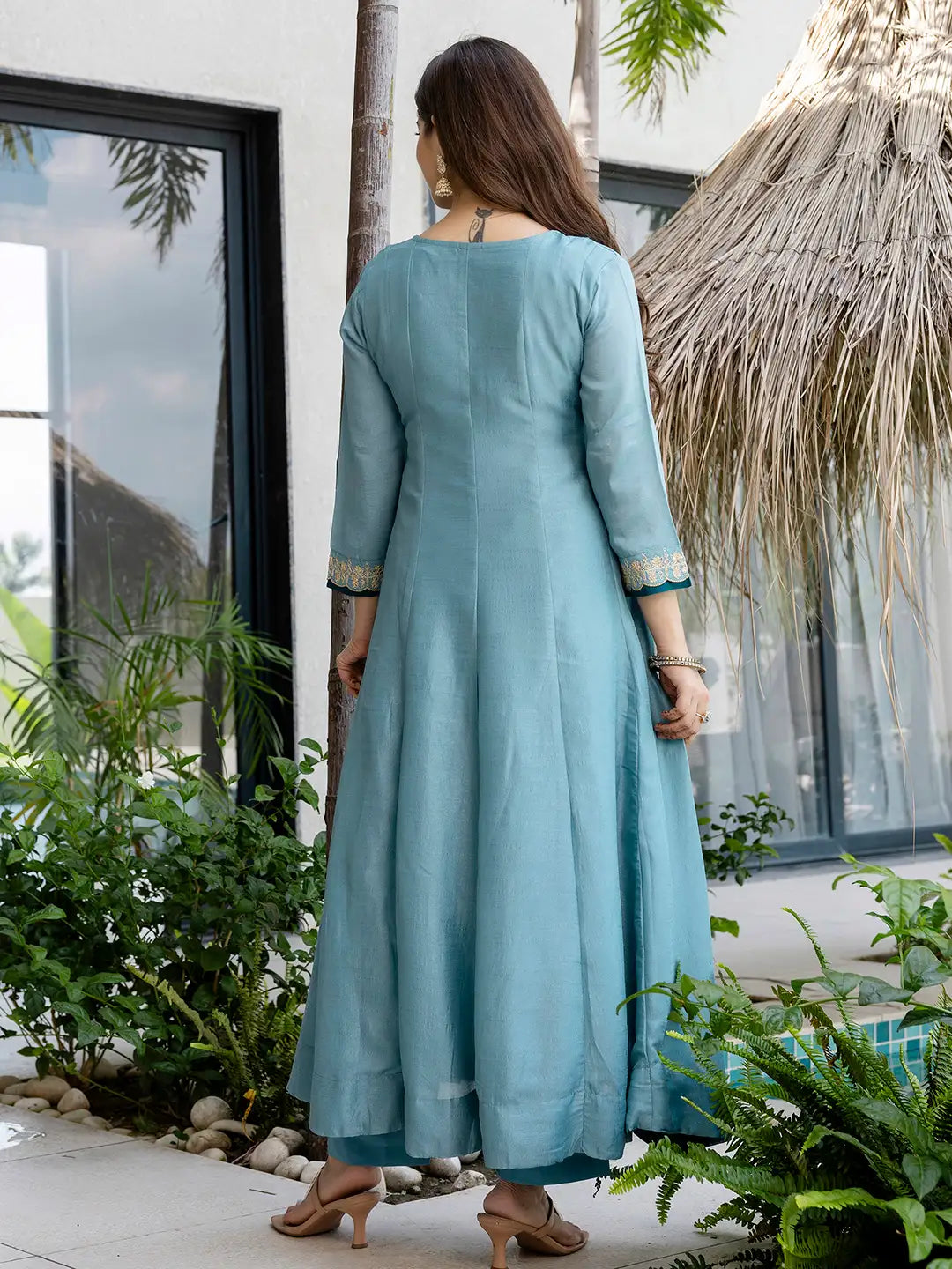Women's Beautiful Vichitra Silk Fabric Embroidery Work Flared Anarkali Pant and Dupatta Set 815